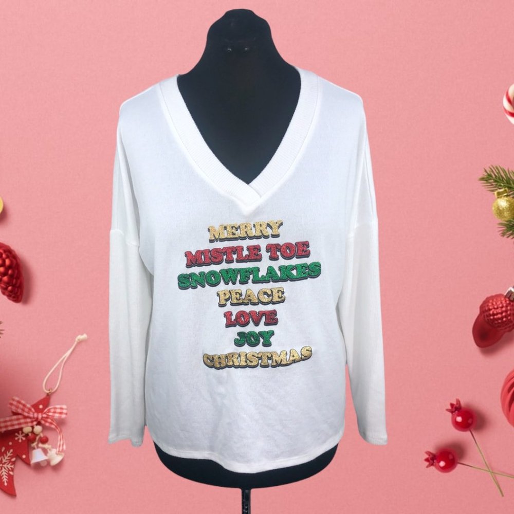 TRUSELF Merry MistleToe Snowflakes Peace Love Joy Christmas Sweater Top Sz Md